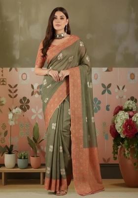 Olive Printed Silk Blend Saree Set
