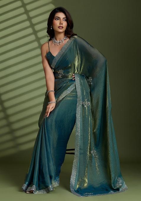 Green Embellished Silk Saree Set