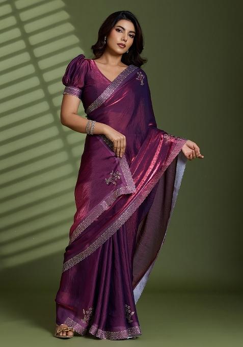Wine Embellished Silk Saree Set