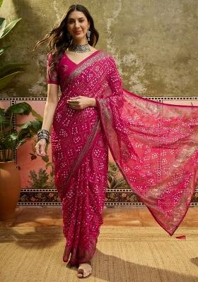 Rani Pink Bandhani Georgette Saree Set