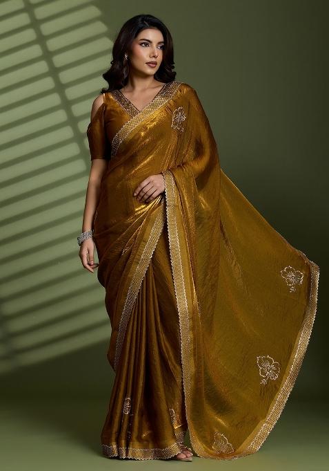Golden Embellished Silk Blend Saree Set