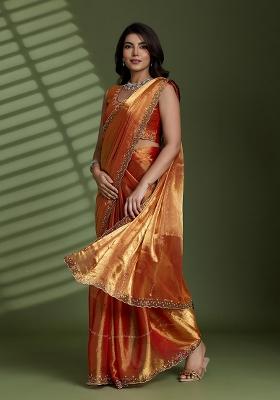 Rust Embellished Silk Blend Saree Set