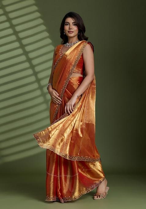 Rust Embellished Silk Saree Set