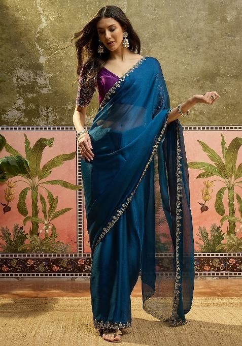 Teal Emboidered Chiffon Saree Set