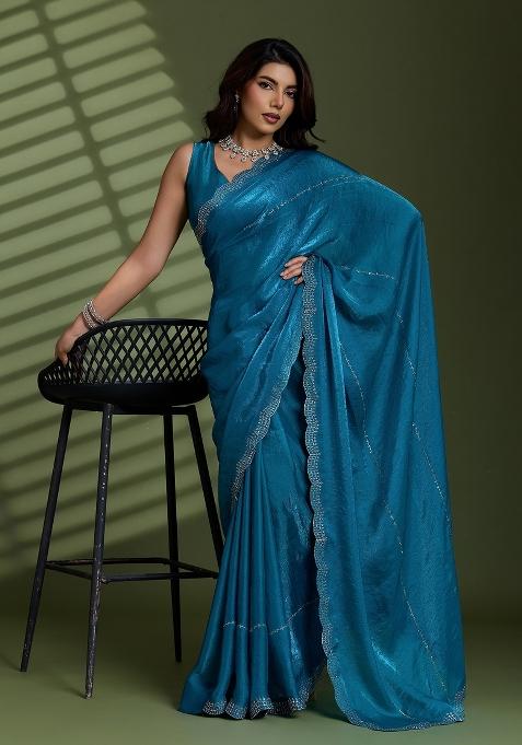 Blue Embellished Silk Saree Set
