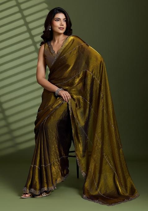 Golden Embellished Silk Saree Set