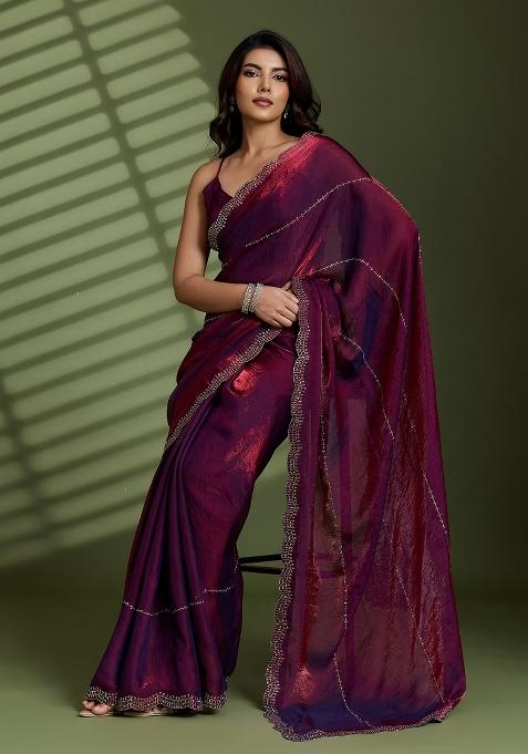Wine Embellished Silk Saree Set