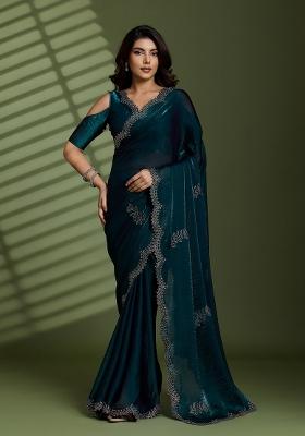 Dark Green Embellished Silk Blend Saree Set