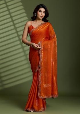Rust Embellished Silk Blend Saree Set