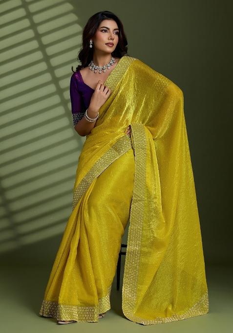 Neon Embellished Silk Saree Set