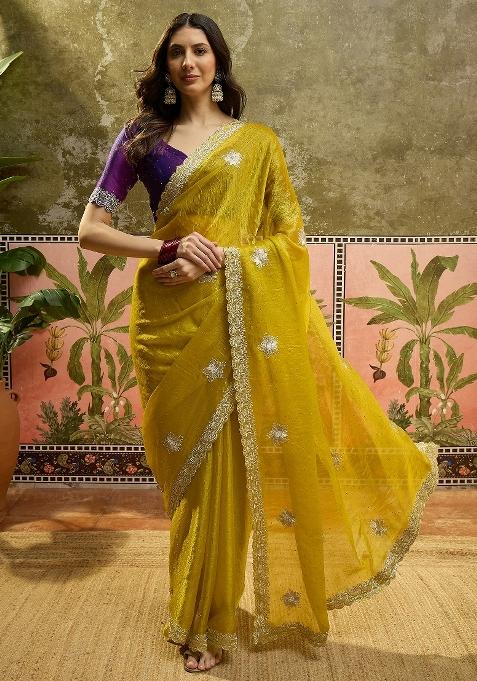 Neon Emboidered Silk Saree Set