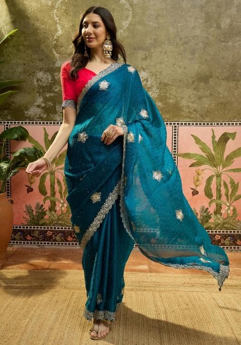 Teal Emboidered Silk Saree Set