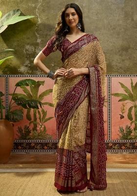 Beige Bandhani Georgette Saree Set