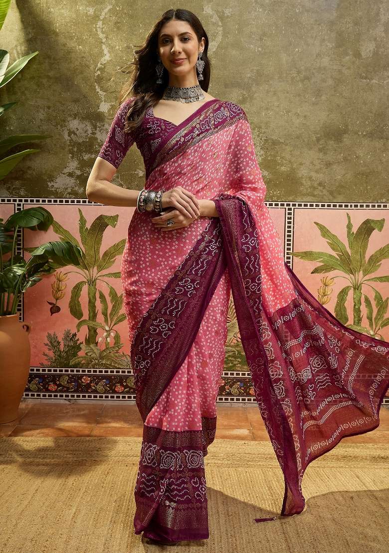 Pink Bandhani Georgette Saree Set - Indya