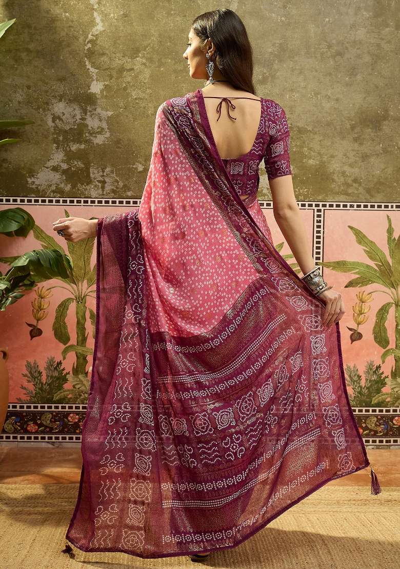 Pink Bandhani Georgette Saree Set - Indya