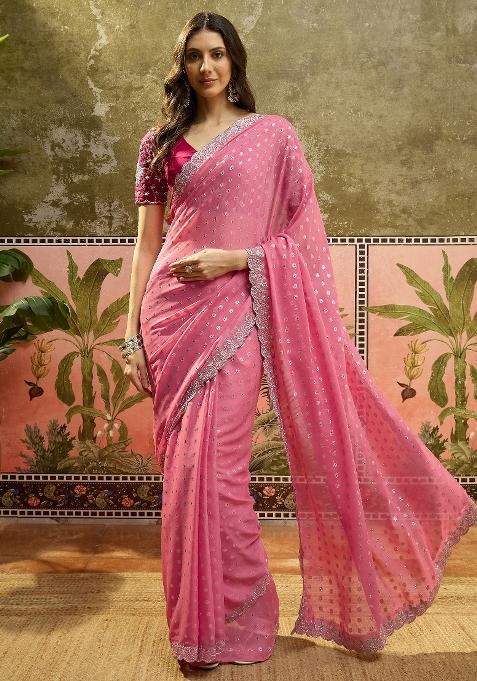 Pink Emboidered Georgette Saree Set