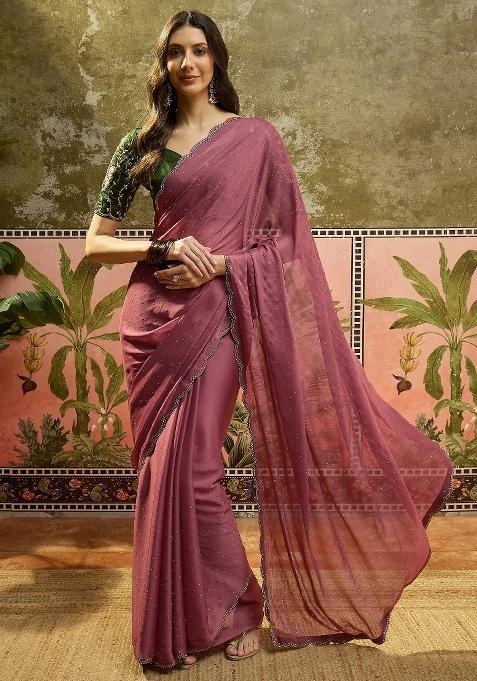 Pink Embellished Chiffon Saree Set