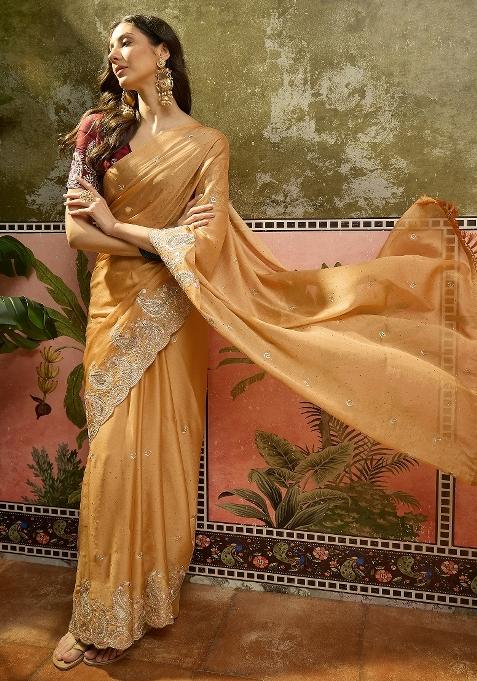 Mustard Emboidered Chiffon Saree Set