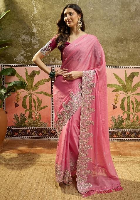 Pink Emboidered Chiffon Saree Set