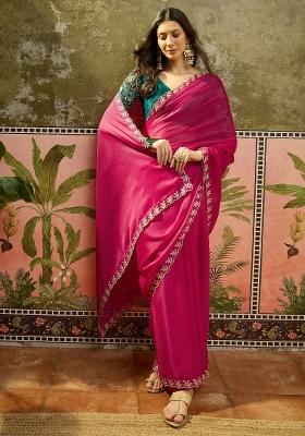 Rani Pink Emboidered Chiffon Saree Set
