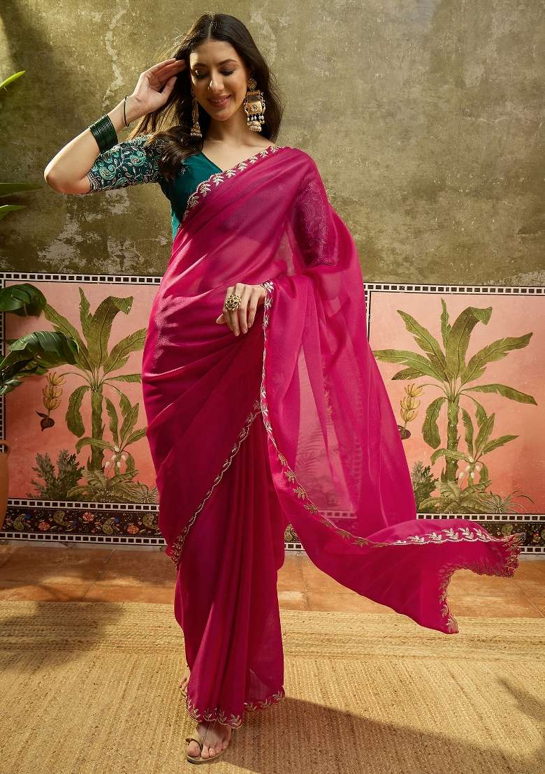 Rani Pink Emboidered Chiffon Saree Set - Indya