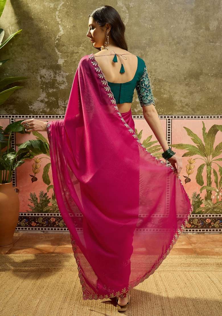 Rani Pink Emboidered Chiffon Saree Set - Indya