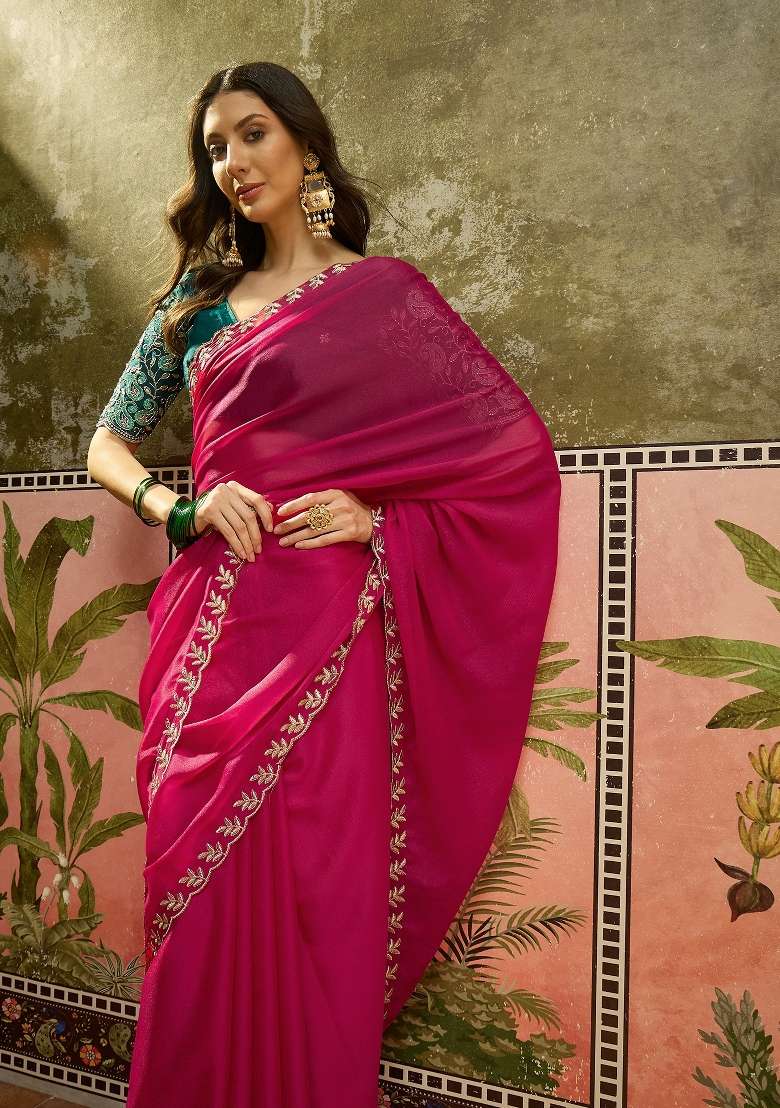 Rani Pink Emboidered Chiffon Saree Set - Indya