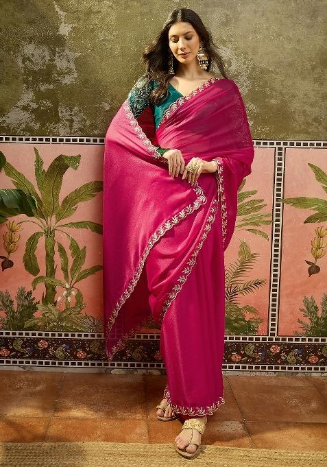 Rani Pink Emboidered Chiffon Saree Set