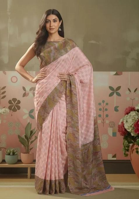Peach Printed Crepe Saree Set