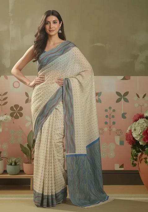 Beige Printed Crepe Saree Set