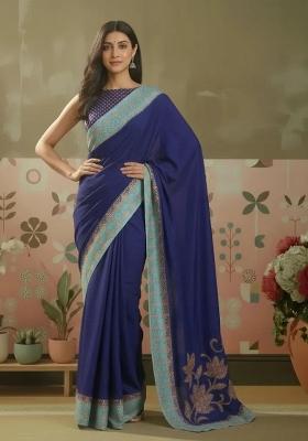 Blue Printed Crepe Saree Set