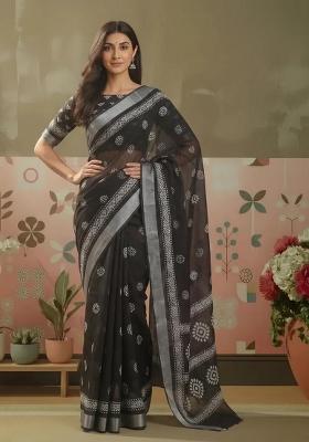Black Printed Linen Saree Set