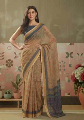 Brown Printed Linen Saree Set