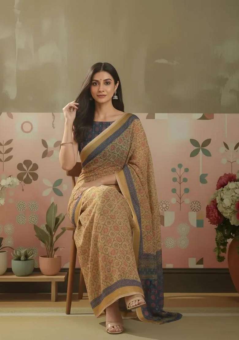 Brown Printed Linen Saree Set for Diwali and Festive Wear - Indya