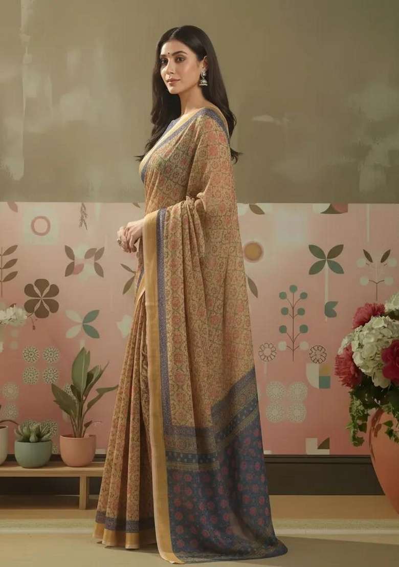 Brown Printed Linen Saree Set for Diwali and Festive Wear - Indya