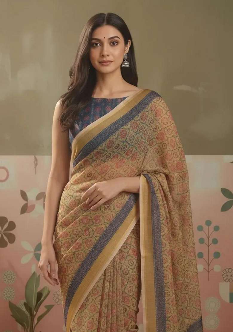 Brown Printed Linen Saree Set for Diwali and Festive Wear - Indya
