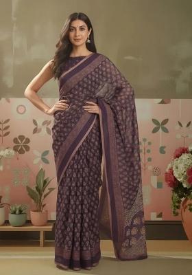 Wine Printed Linen Saree Set