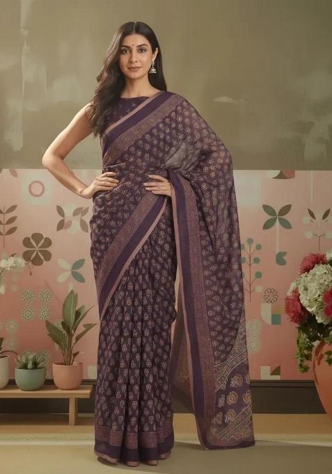 Wine Printed Linen Saree Set