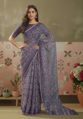Purple Printed Linen Saree Set