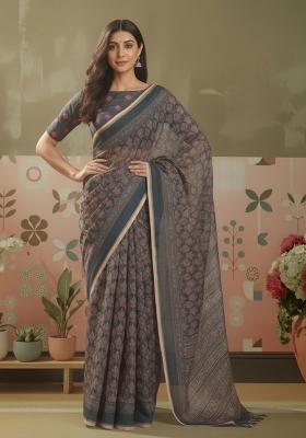 Grey Printed Linen Saree Set