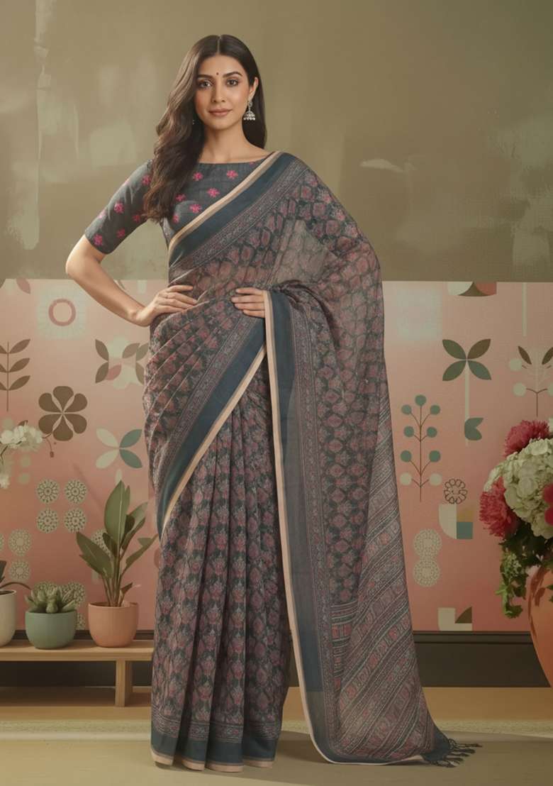 Grey Printed Linen Saree Set for Diwali and Festive Wear - Indya