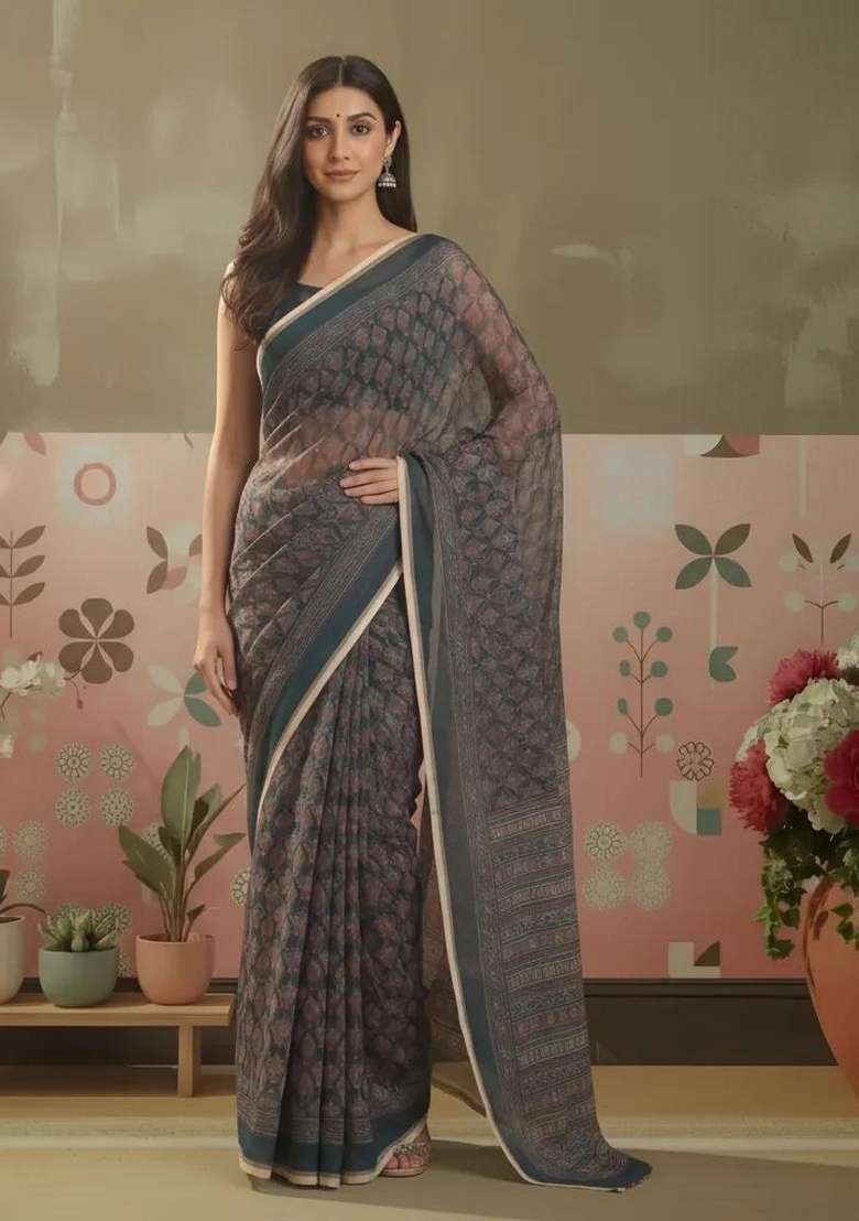 Grey Printed Linen Saree Set for Diwali and Festive Wear - Indya
