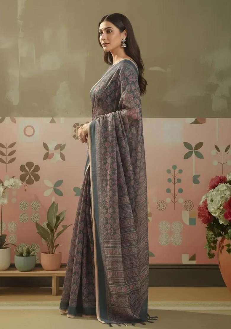 Grey Printed Linen Saree Set for Diwali and Festive Wear - Indya