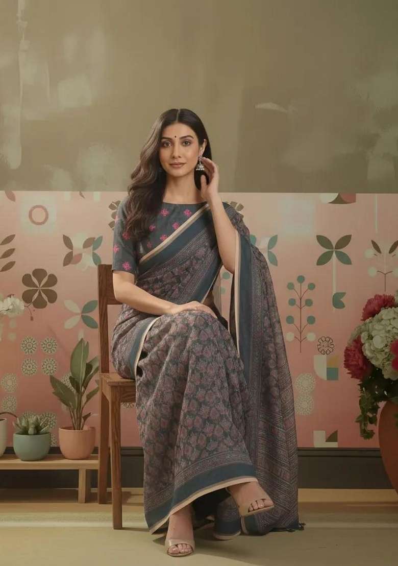 Grey Printed Linen Saree Set for Diwali and Festive Wear - Indya