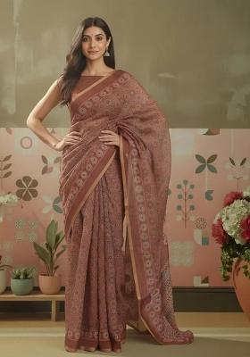 Brown Printed Linen Saree Set