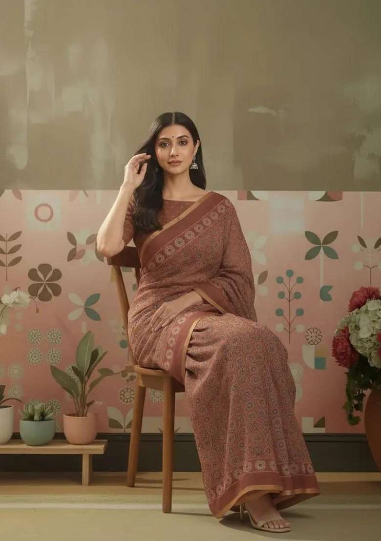 Brown Printed Linen Saree Set for Diwali and Festive Wear - Indya