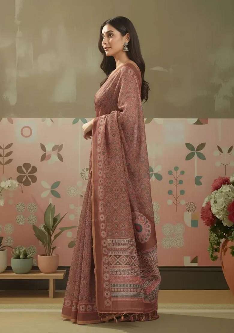 Brown Printed Linen Saree Set for Diwali and Festive Wear - Indya