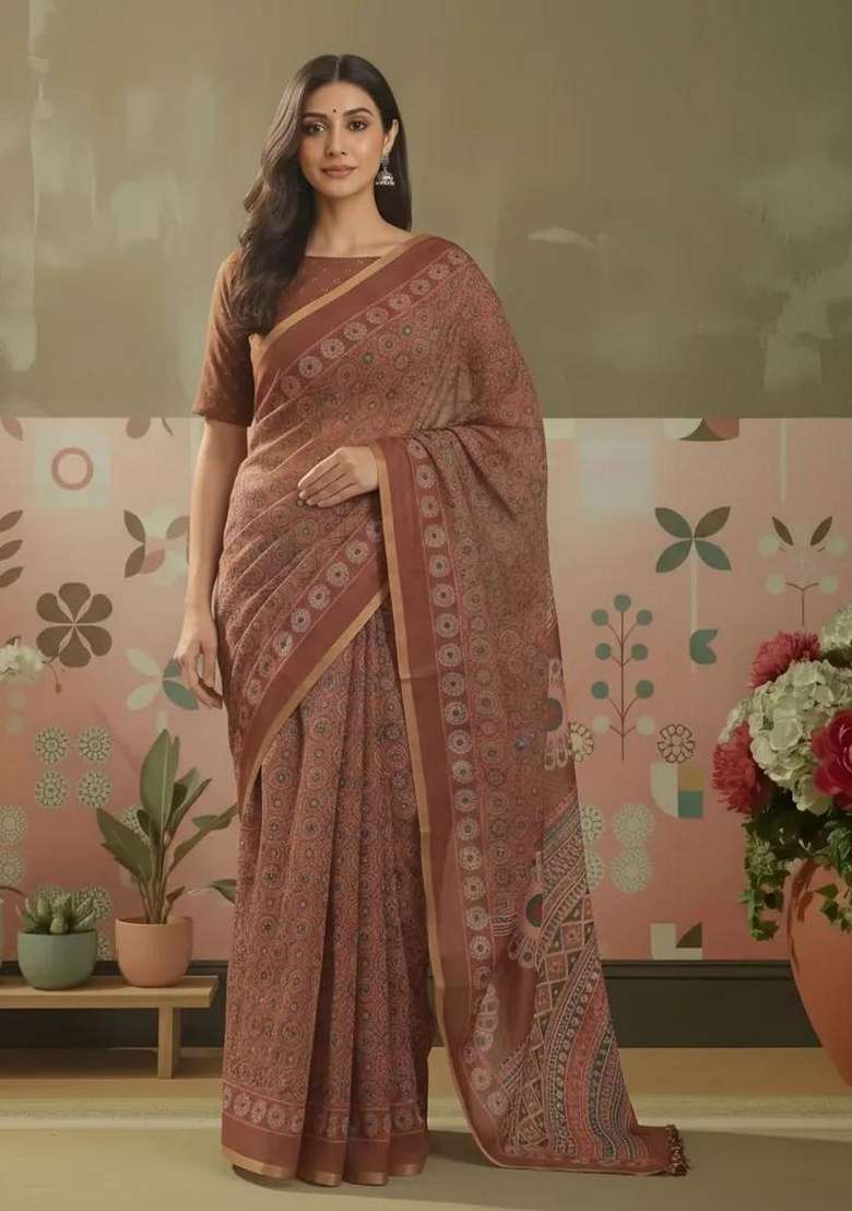 Brown Printed Linen Saree Set for Diwali and Festive Wear - Indya