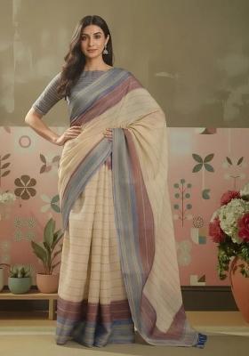 Beige Printed Silk Blend Saree Set