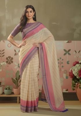 Beige Printed Silk Blend Saree Set